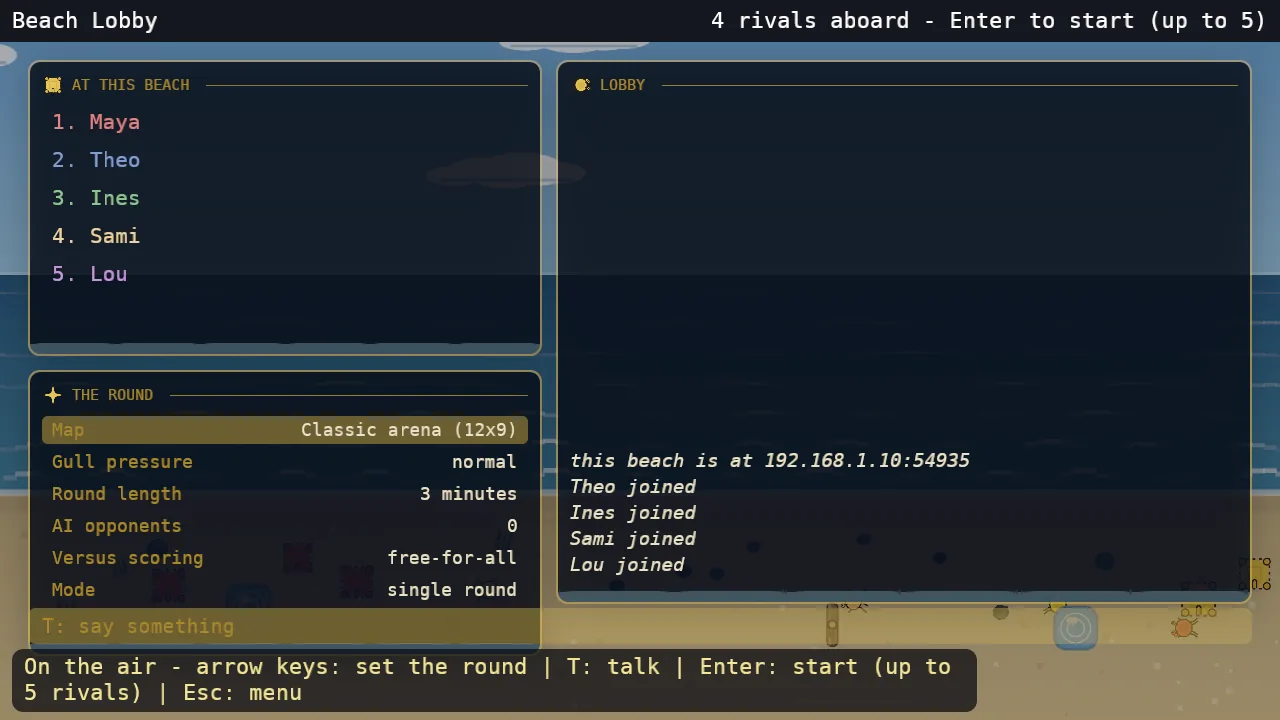 The Beach Lobby: five friends at one beach, the round's settings, and the lobby chat
