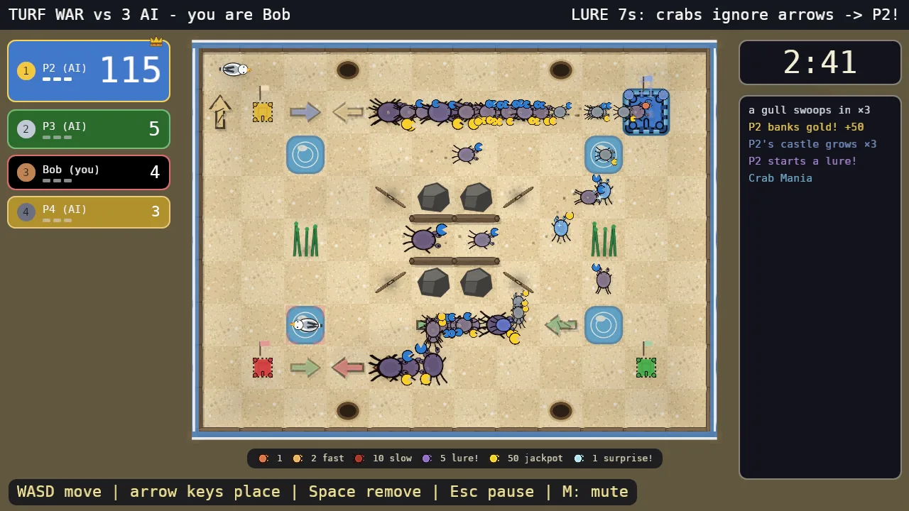 Every loose crab on the beach taking one player's colour and running for their castle