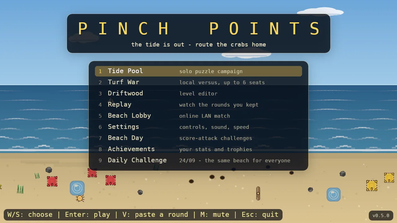 The landing menu, a still postcard of the beach