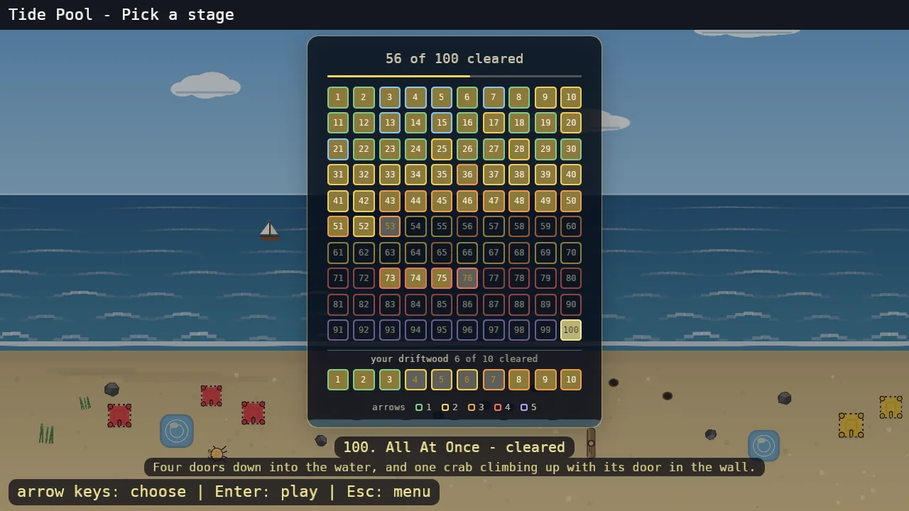 The stage list, cleared stages filled gold