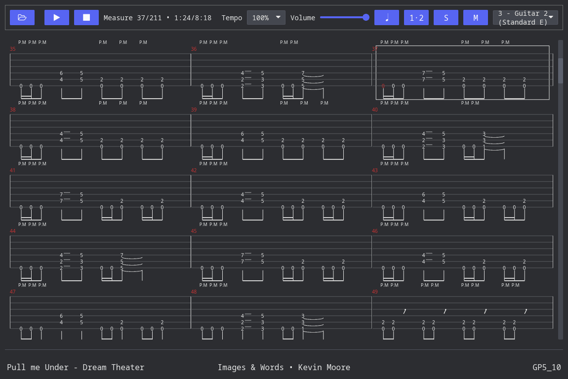 Ruxguitar playing a tablature, the measure being played outlined as the playhead advances